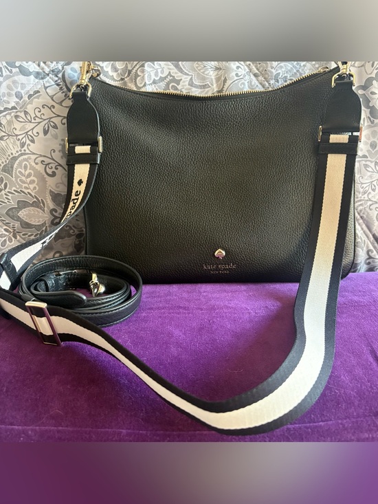 kate spade Handbags - kate spade Black Pebbled Leather Crossbody with Striped Canvas Strap